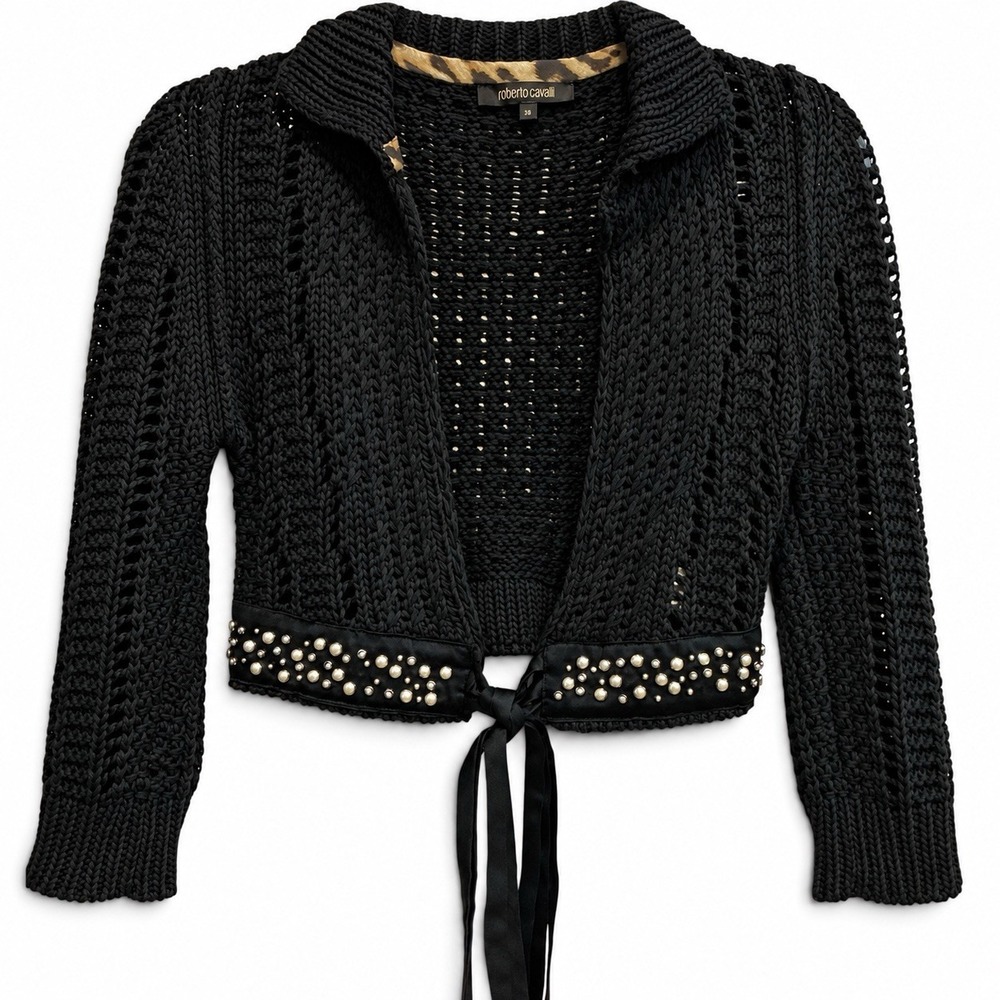 Roberto Cavalli Vintage 2005 Pearl Stud Knit Bolero Cardigan IT 38 US 2 XS Rare